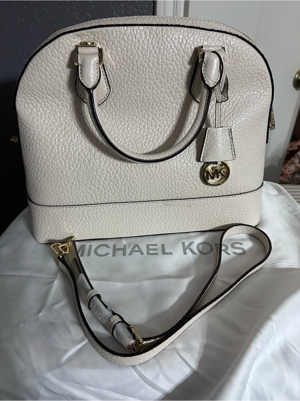 Michael Kors Cream Dome Satchel with Black Trim and Gold Hardware